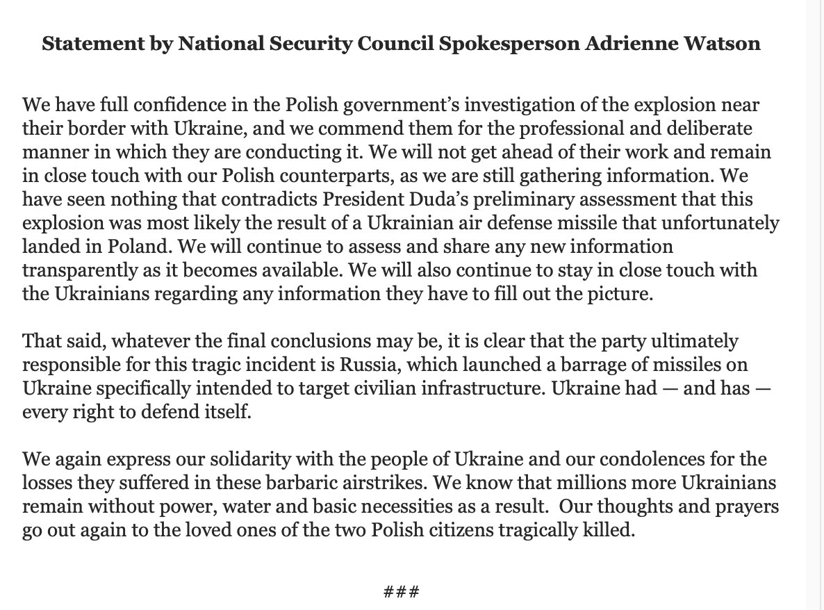 Weißes Haus: „Wir haben nichts gesehen, was der vorläufigen Einschätzung von Präsident Duda widerspricht, dass diese Explosion höchstwahrscheinlich das Ergebnis einer ukrainischen Luftabwehrrakete war, die unglücklicherweise in Polen gelandet ist