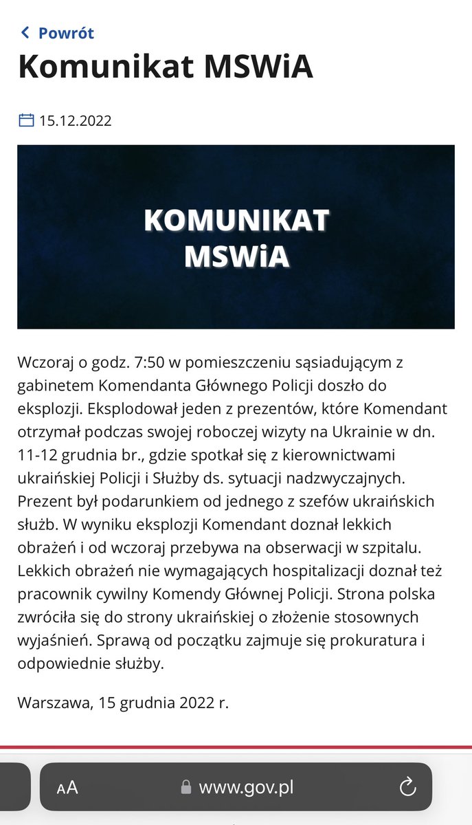 Polnisches Ministerium für Inneres und Verwaltung Polens über Explosion im Polizeikommissariat in Warschau: „Eines der Geschenke ist explodiert
