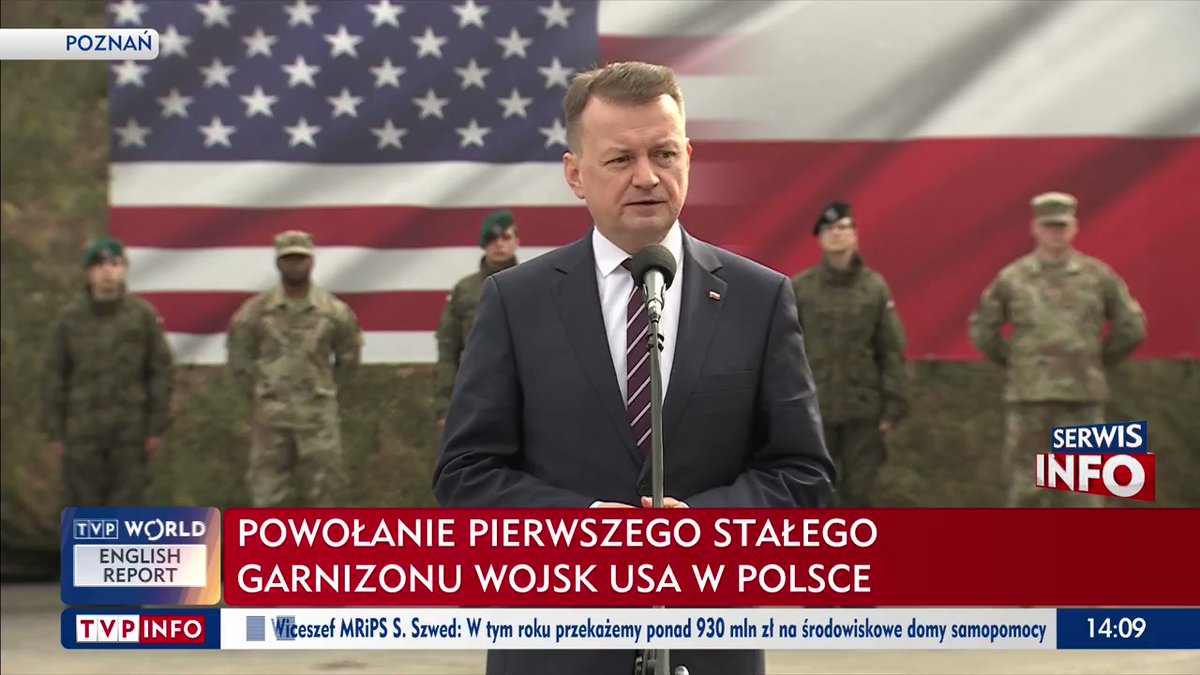 Stellvertretender Premierminister @mblaszczak, Leiter von @MON_GOV_PL: Heute erleben wir die Einweihung der ständigen Präsenz der US-Garnison auf polnischem Boden. Dies ist ein wichtiges Ereignis in der Geschichte Polens und der polnisch-amerikanischen Beziehungen. Wir wissen es sehr zu schätzen, dass US-Truppen dauerhaft in unserem Land sind