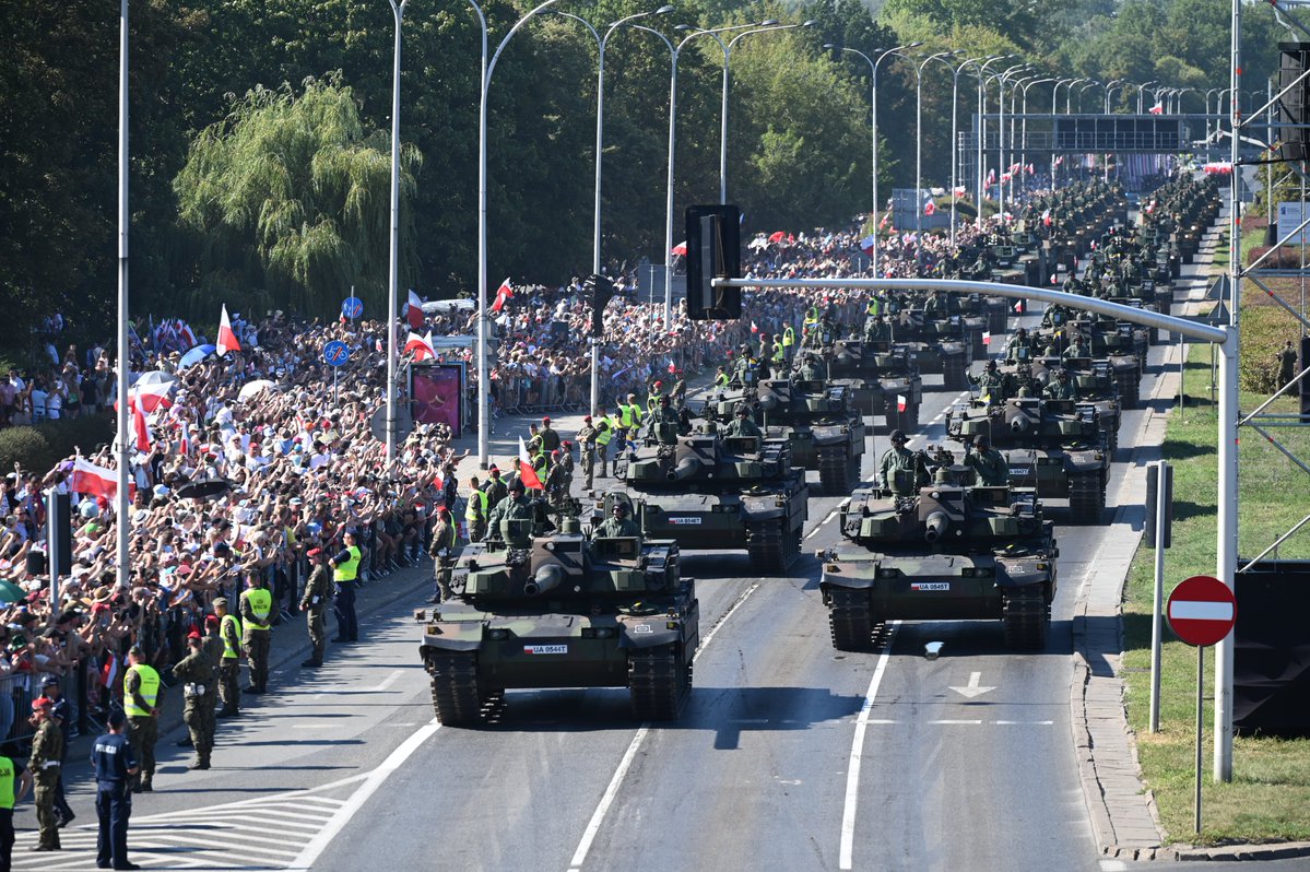 Military Parade in Warsaw under Strong White and Red. Modern equipment, anti-aircraft systems and air machines