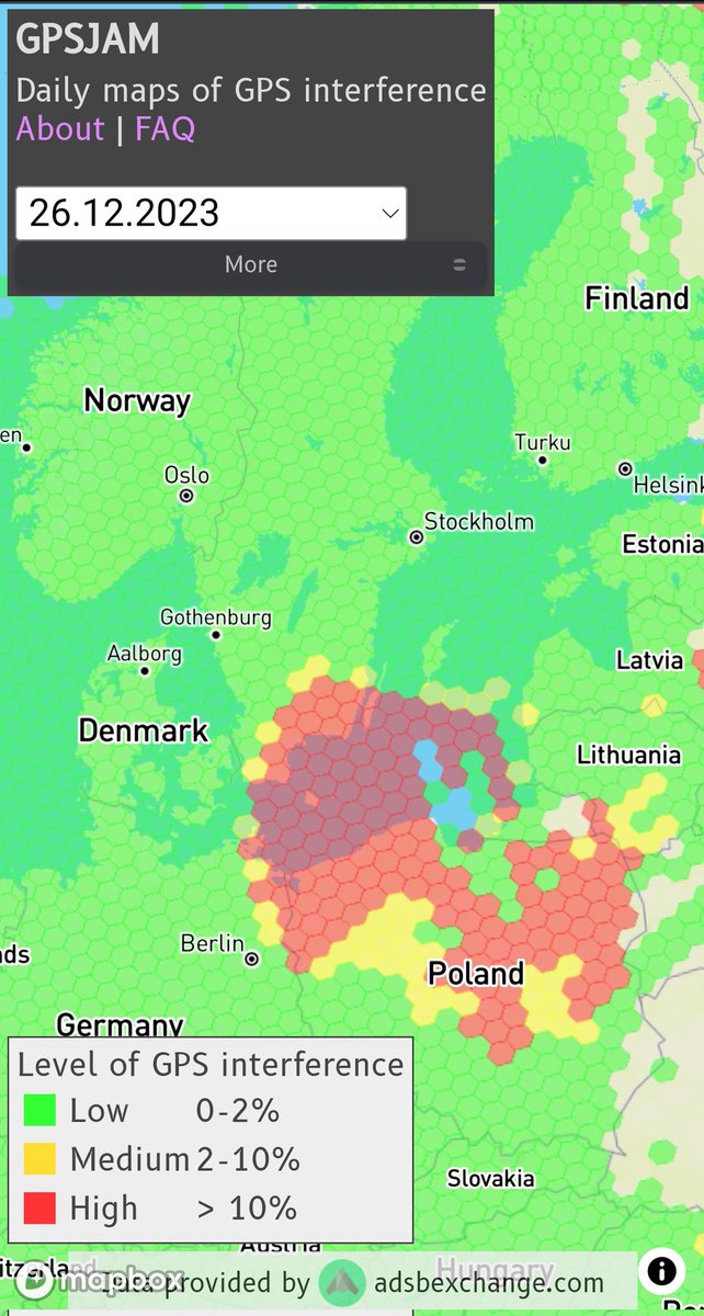 Heavy GPS interference in southern Baltic Sea area, covering also large swathes of Poland and southern tip of Sweden