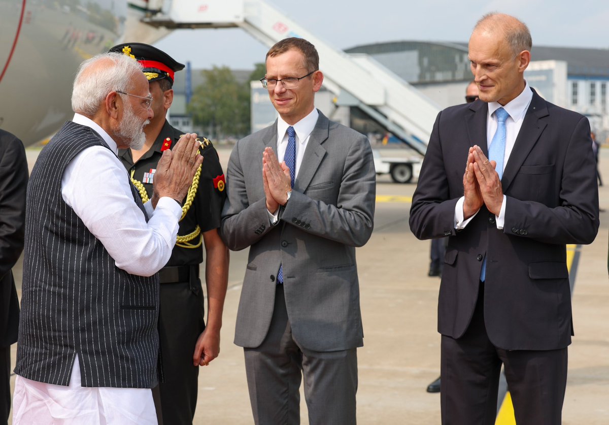 PM Modi lands in Poland, welcomed by @PLinIndia CdA @SebastianD_PL among other top officials