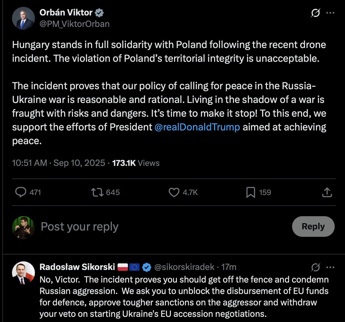 Poland’s foreign minister @sikorskiradek reminded Hungarian PM Viktor Orbán that he once again failed to name or condemn Russia — and that his government is still blocking €2 billion in EU funds meant to compensate Poland for the military aid it has provided to Ukraine