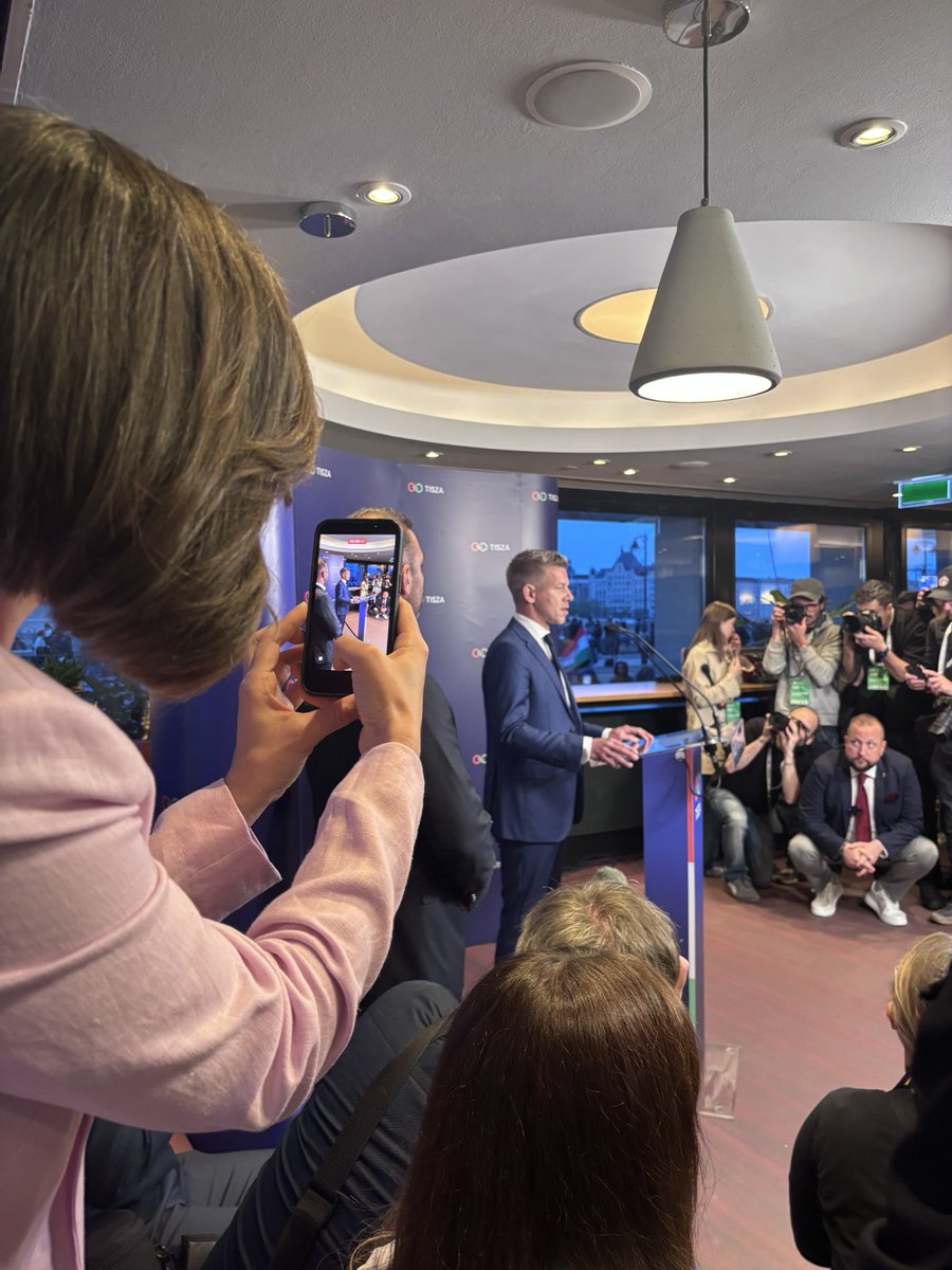 Peter Magyar giving his first press briefing after polling stations close in Hungary. Polls show a massive Tisza lead, but the party leader is cautious and insists it’s election results that matter and not polls